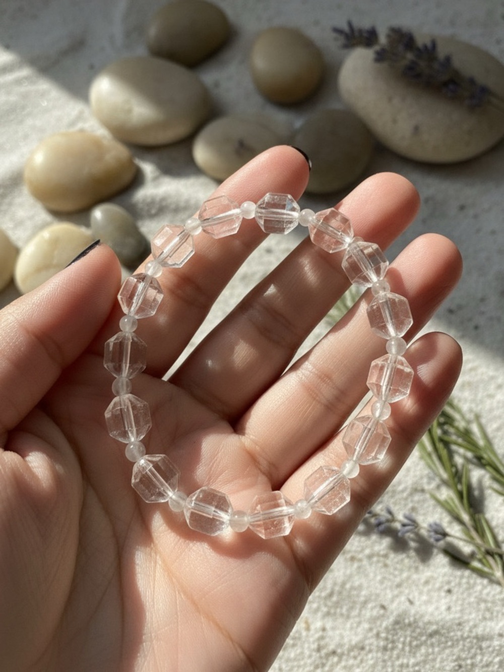 Clear Quartz & Moonstone Bracelet Faceted Crystal Energy